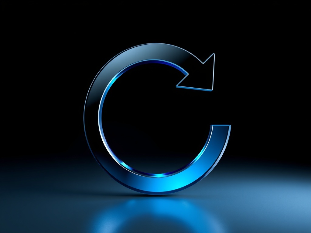 Minimalist line art of a circular arrow symbolizing data recovery, composed of polished chrome and translucent blue glass, isolated on dark background with subtle reflective gradient, 8k product photography.